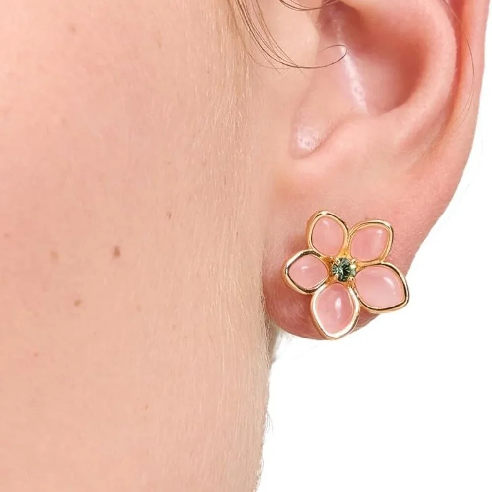 Pastel Petals Earrings Brass CZ Rose Quartz Studs Colorful Jewelry - Picture 3 of 3